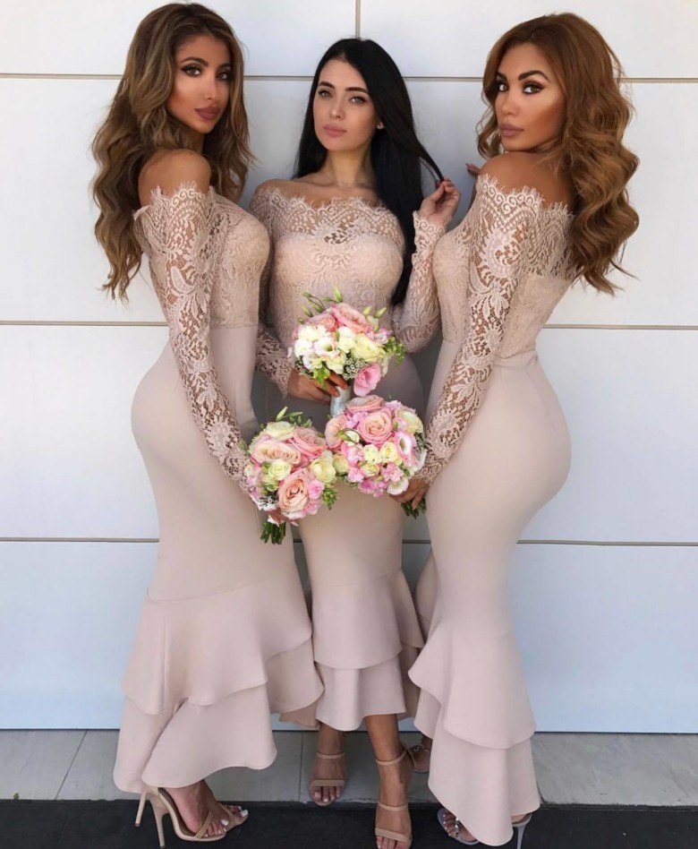 bateau long sleeves tea length lace bridesmaid dresses custom made formal dresses vintage prom dresses