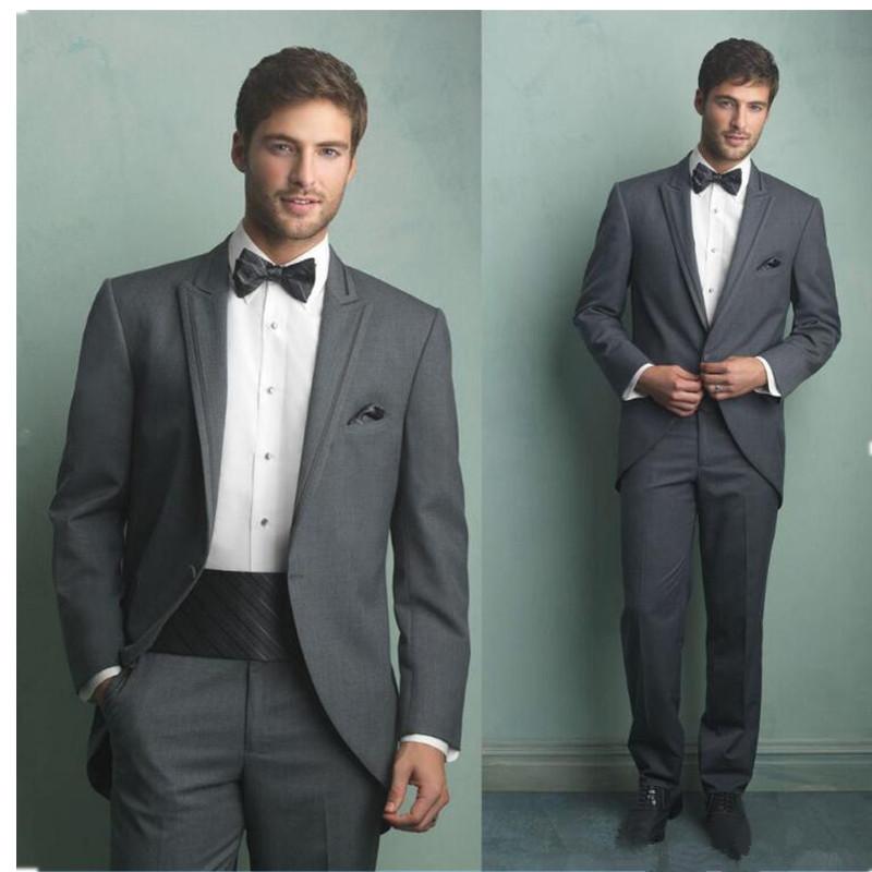 Fashion Dark Grey Tailcoat Morning Style Men Wedding Tuxedos Peak Lapel One Button Men Formal Dinner Prom Suit(Jacket+Pants+Bows+Girdle) 619