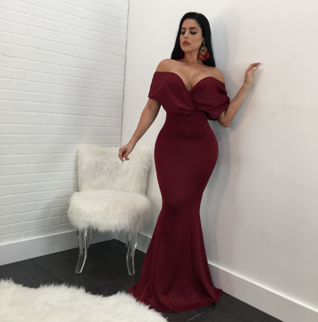 Cheap Elegant Evening Dresses In Stock Off Shoulder Ruffle Backless Stain Mermaid Prom Dress Four Colors S-XL