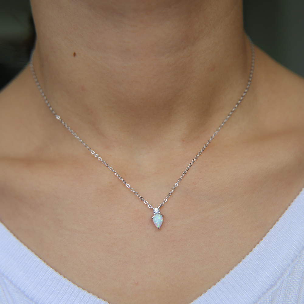 100% 925 sterling silver opal necklace simple stone design tear drop fire opal minimal delicate dainty silver jewelry