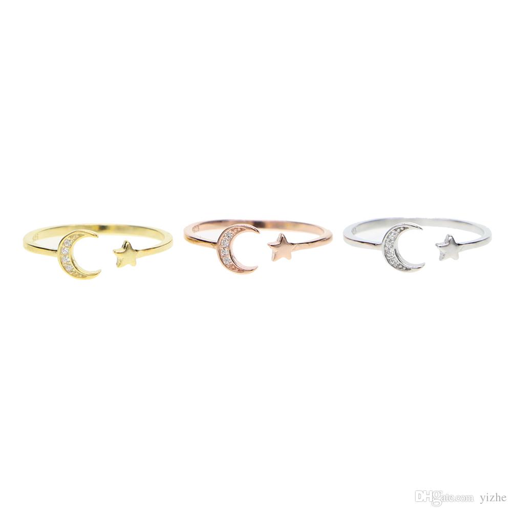 open adjusted rings moon star dainty 925 sterling silver Christmas gift girl women moon star ring 925
