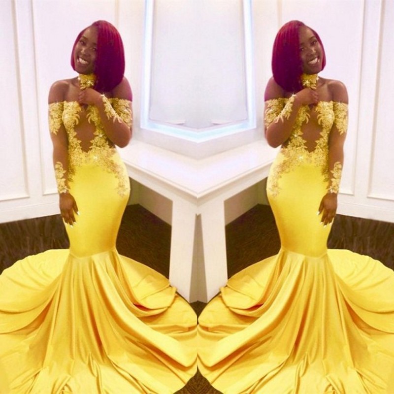 Yellow Mermaid Long Sleeves Prom Dresses Bateau Neck Off The Shoulder Appliques Satin Black Girls 2K18 Party Dresses, Gray
Yellow Mermaid Long Sleeves Prom Dresses Bateau Neck Off The Shoulder Appliques Satin Black Girls 2K18 Party Dresses, Gray
