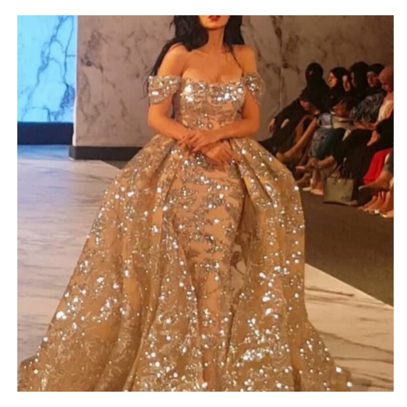 Dubai Golden Mermaid Prom Dresses With Overskirt Sparkly Sequins Beads Off Shoulder Celebrity Party Dress Gorgeous Saudi Arabia Evening Dres