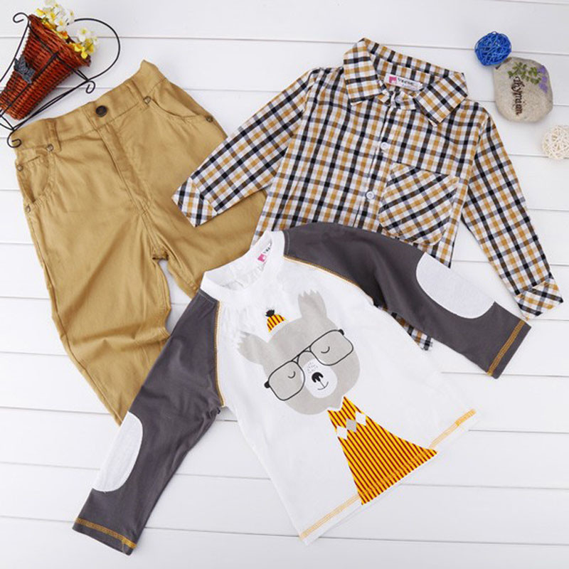 Spring Autumn Baby Boys Clothing Set Fashion Long Sleeve Plaid Shirts+T Shirts+Pants Casual Kids Clothes Outfits 2-6Years
