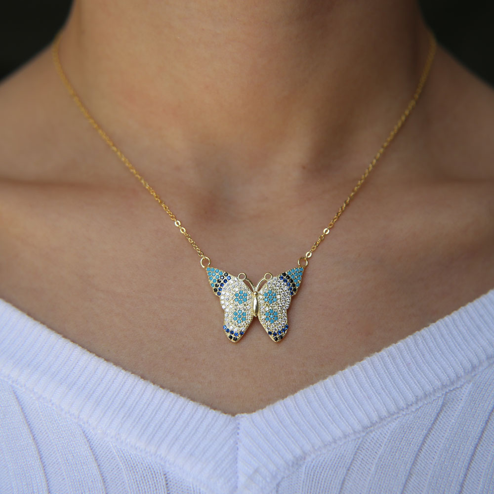 gold silver rose gold 3 colors colorful beautiful butterfly necklace Bohemia style 925 sterling silver paved cz turquoise fashion jewelry