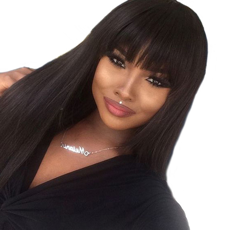 Stock Silky Straight Synthetic Lace front Wig With Bangs Long Natural Black Wig Glueless Heat Resistant Fiber Hair Wigs For Women