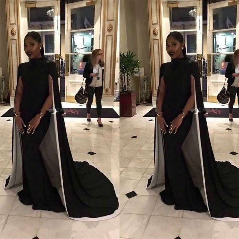 Classic Mature Black Mermaid Evening Dresses Cape High Neck Saudi Arabic Formal Red Carpet Dress Custom Made Prom Gowns