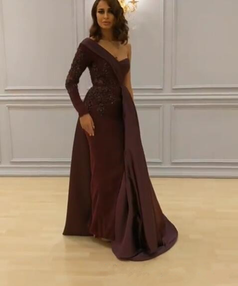 One Shoulder Formal Dress Evening Sheath Vestidos De Fiesta Sexy High Split Bury Prom Dresses With Sleeves Es Es