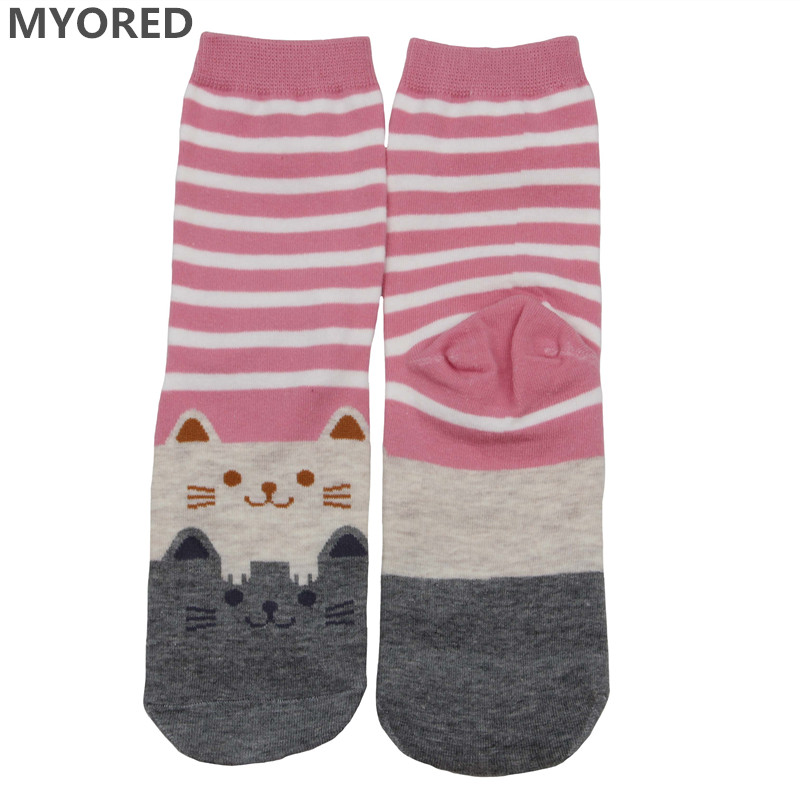MYORED women socks cotton cartoon colorful stripes cute cat ankle socks for female girls lady sexy crew short animal winter sock