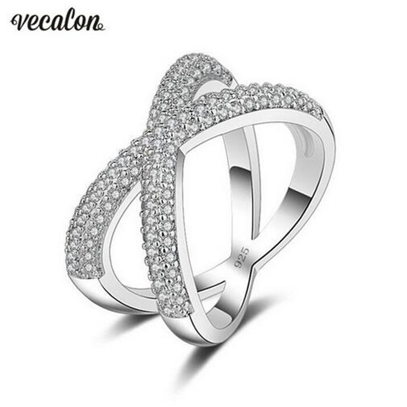 Vecalon Cross X ring Silver Color Pave setting Zircon Cz Crystal Engagement wedding band rings For women Finger Jewelry