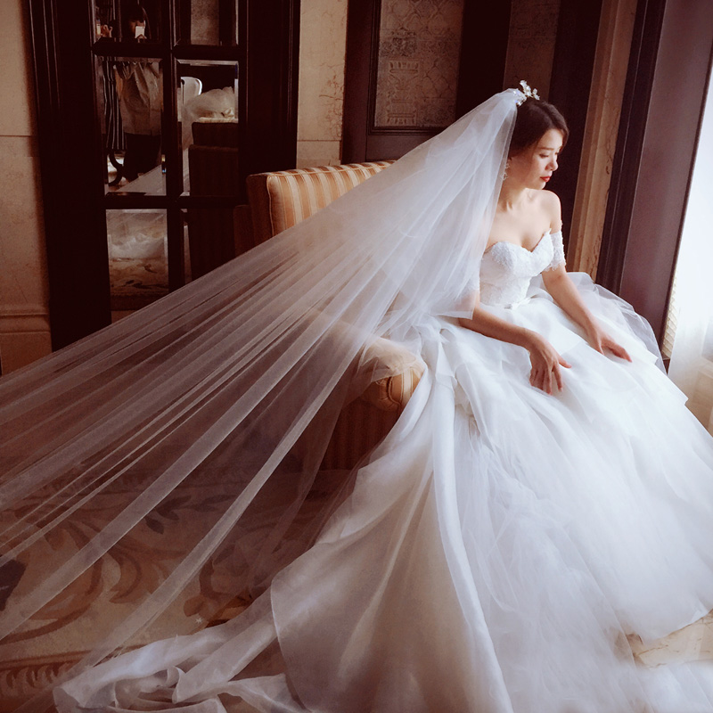 Best Selling White One Layer Long Cathedral Wedding Veils 3M Stars Lace Appliqued Soft Tulle Bridal Veil Accessories With Comb