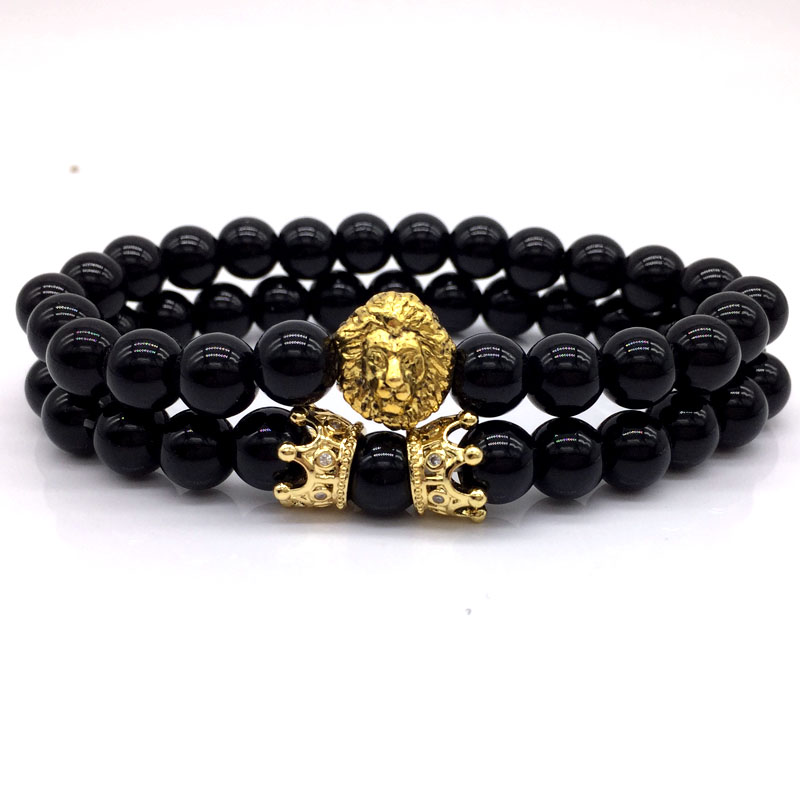 2pcs/set 2018 New Fashion Lion Crown Couple Charm With Lava Bead Bracelet Sets For Men Wristband Jewelry Accessories