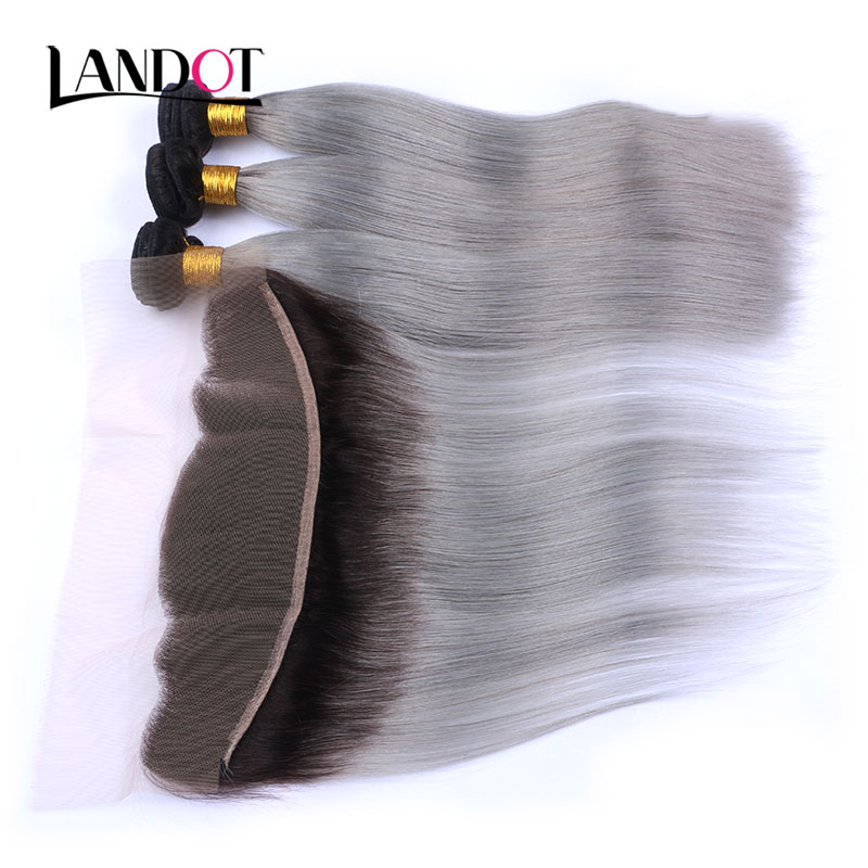 9A Ombre Grey Brazilian Straight Virgin Hair Weaves 3 Bundles With Lace Frontal Closures Ombre 1B/Grey Peruvian Malaysian Indian Human Hair