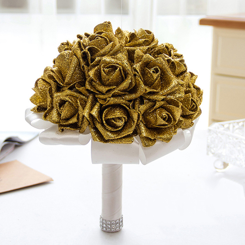 Gold Wedding Bridal Bouquets with Handmade Flowers Sequins Red Rose Wedding Supplies Bride Holding Brooch Bouquet CPA1586