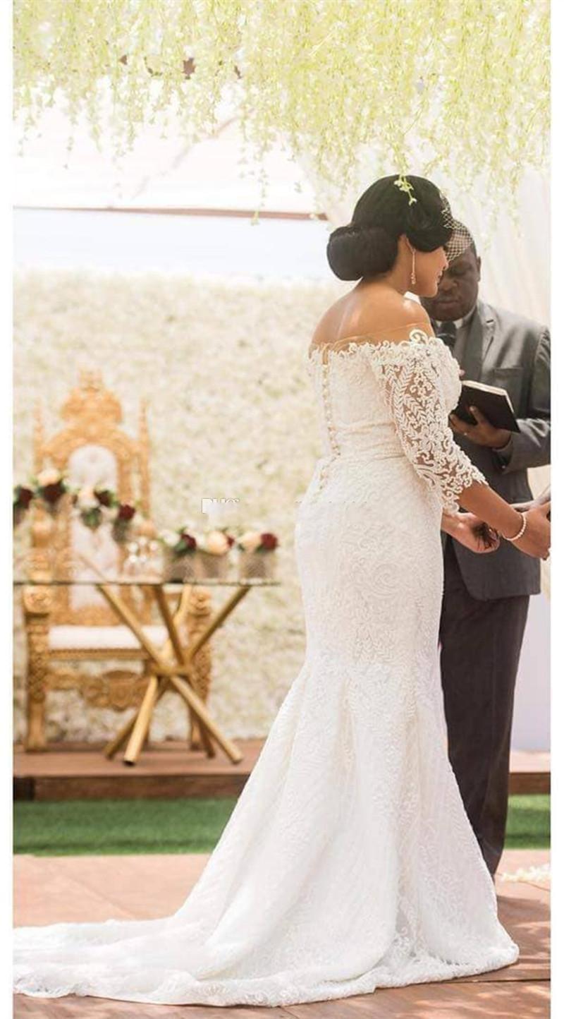African Plus Size Wedding Dresses Off The Shoulder Lace Appliques Sweep Train Dubai Arabic Mermaid Wedding Dress Long Sleeve Bridal Gowns