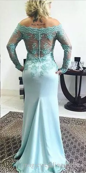 Plus Size Blue Lace Mother Of The Bride Dresses Long Sleeve Wedding Groom Suits Chiffon Off Shoulder Formal Wear Evening Party Gowns