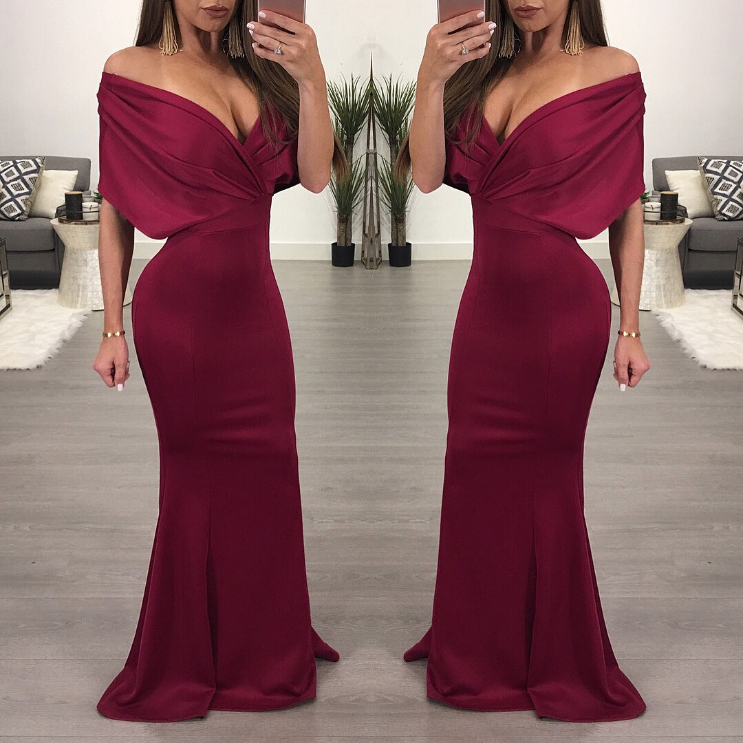 Cheap Elegant Evening Dresses In Stock Off Shoulder Ruffle Backless Stain Mermaid Prom Dress Four Colors S-XL