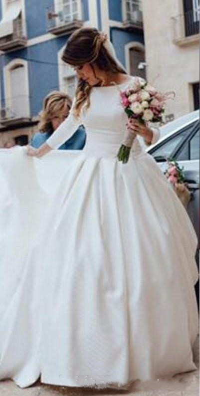Simple Satin A Line Wedding Dresses Long Sleeves Backless Bridal Gowns Custom Made