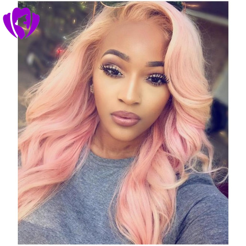 30inches long body wave peach pink synthetic lace front wigs for women with middle parting glueless heat resistant fiber hair