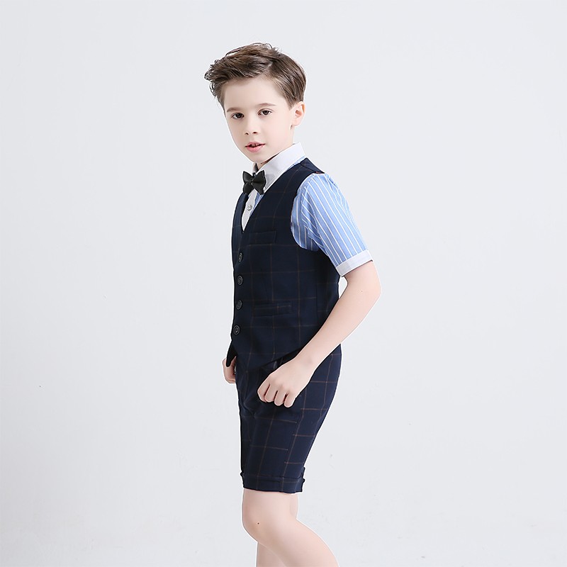 2018 Summer Three Pieces Boys Clothes Handsome Short Sleeve Striped Shirt With Grid Knee Length Pants And Vest Boys Formal Suits