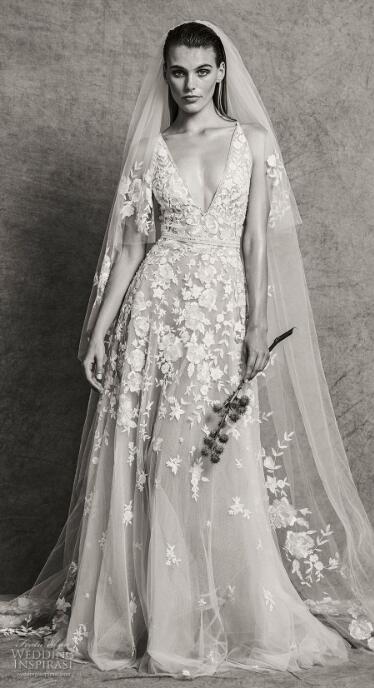 2018 Custom Made Wedding Dress Zuhair Murad Sexy Deep V Neck Floral Appliques Tulle Bridal Gowns With 3 Meters Veil