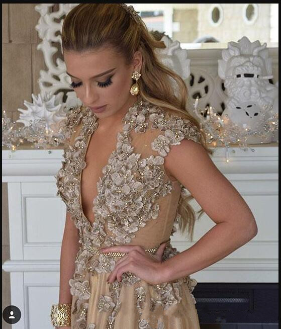 sexy deep v neck prom dresses 3d ral appliqued lace evening gowns saudi arabic cap sleeves formal party dress plus size