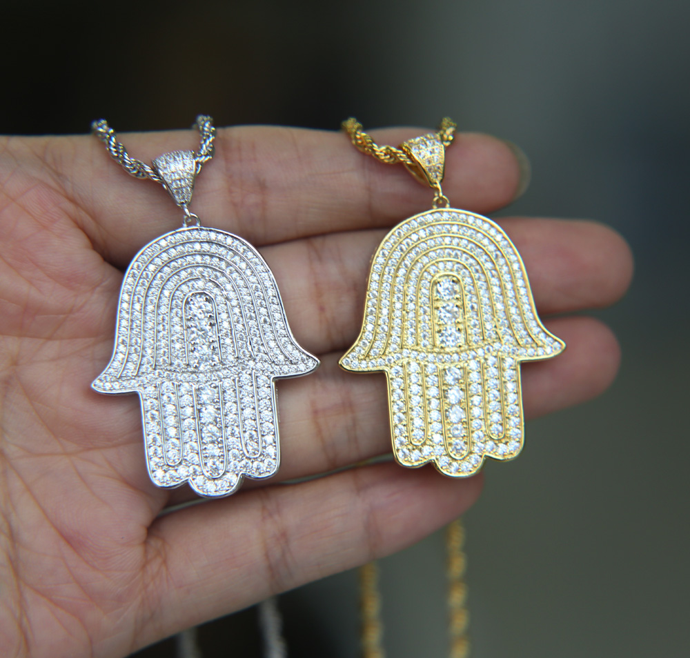 mens lucky hamsa hand pendant necklace hip hop Rock style Full cubic zirconia 24" rope chain silver gold plated cz men necklace