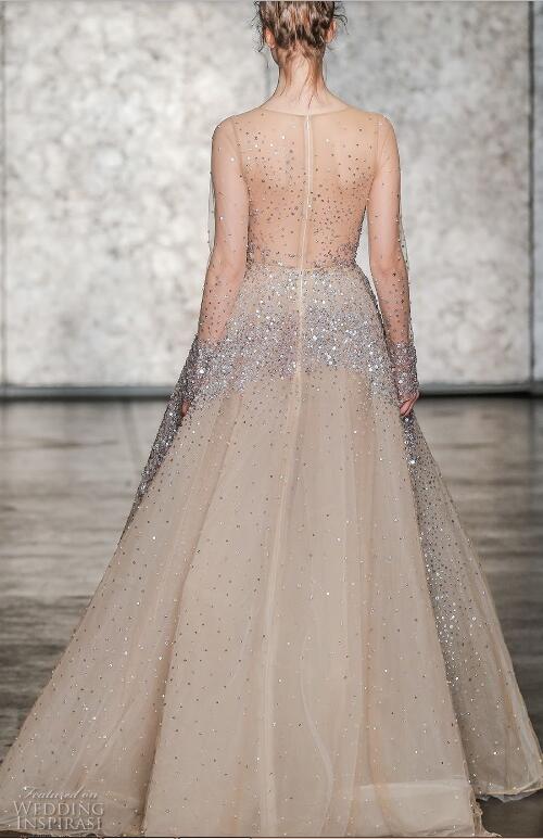 Inbal Dror Shiny Luxury Evening Dresses 2018 Sexy Champagne Illusion Sequins Lace Applique Long Sleeves Tulle Prom Dress