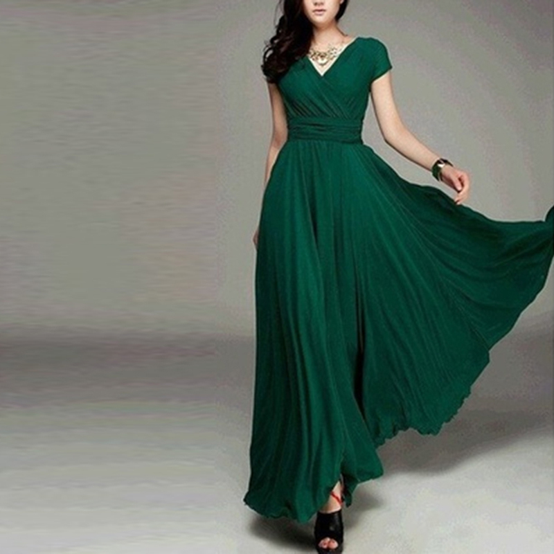 Bohemian Women 2018 Short Sleeve Fit And Flare Slim Dress Female Solid V Neck Floor Length Beach Empire Dress Plus Size HO802482 D1891703