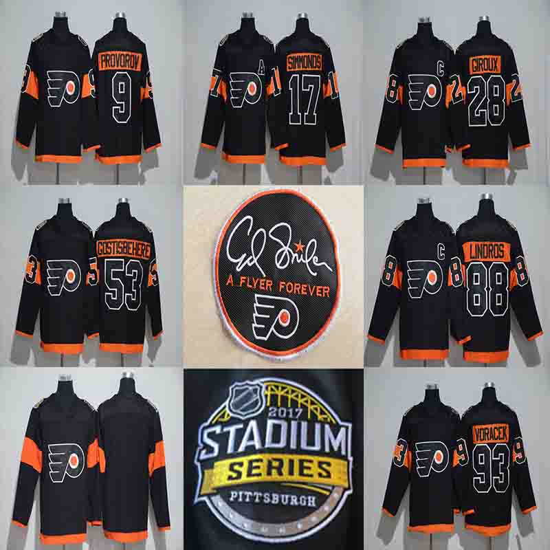 2017 Stadium Series Jersey 9 Ivan Provorov 88 Eric Lindros 93 Jakub Voracek 17 Wayne Simmonds 53 Shayne Gostisbehere 28 Claude Giroux Jersey, Black 88
2017 Stadium Series Jersey 9 Ivan Provorov 88 Eric Lindros 93 Jakub Voracek 17 Wayne Simmonds 53 Shayne Gostisbehere 28 Claude Giroux Jersey, Black 88