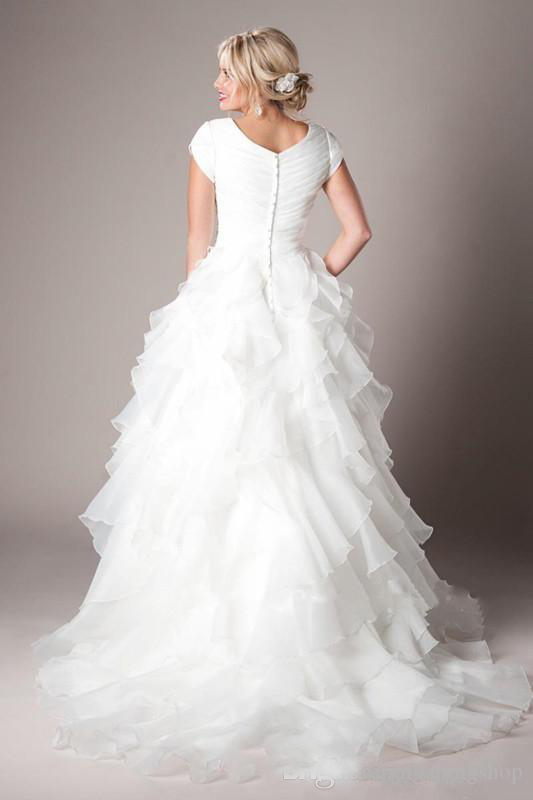 Modern A-line Ruffles Organza Wedding Dresses With Cap Sleeves Pleats Beaded Women Church Wedding Gowns Zipper Long Bridal Gowns