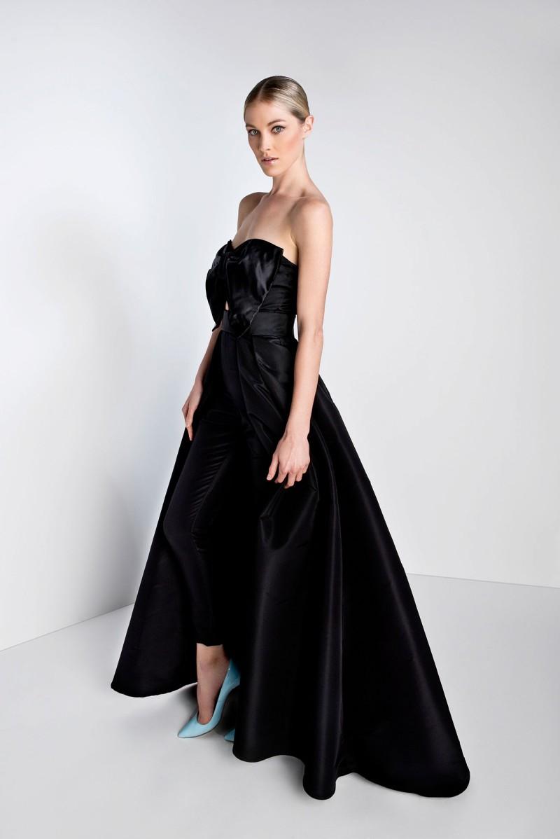 Black Jumpsuits Prom Dresses With Detachable Train Bow Strapless Neck Formal Dress Evening Gowns Satin Overskirt Women Pantsuits