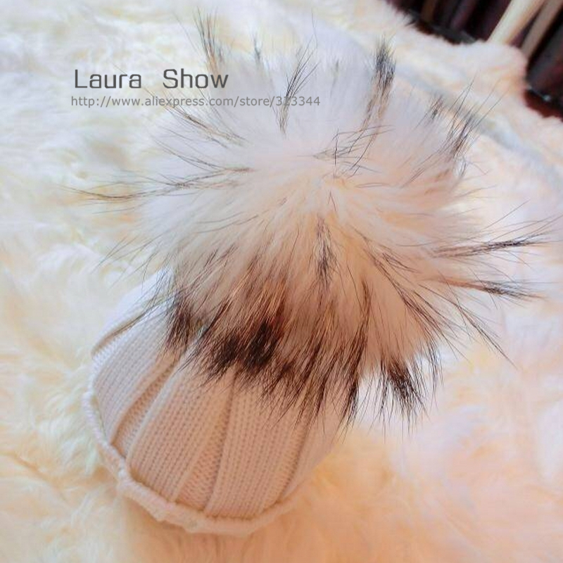 LAURASHOW Children Winter Raccoon Fox Fur Hat Girls Boys Real Fur pompoms Ball Baby Beanies Cap Kids Knitted Hats D18110601