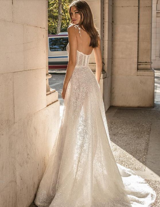 Sexy Berta Bridal Dress Backless - Spaghetti Strap Lace Wedding Gown with Exposed Boning