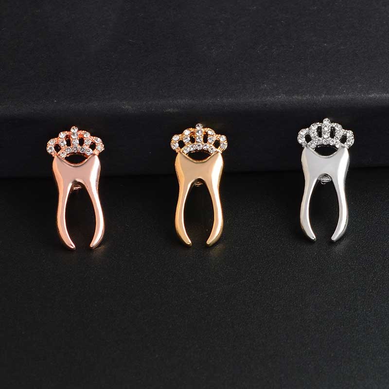 Gold Silver Rose Tooth Brooch Pin With Crystal Crown Dentist Doctor Nurse Graduation Gift Student Badage Lapel Pin Fashion Breastpin