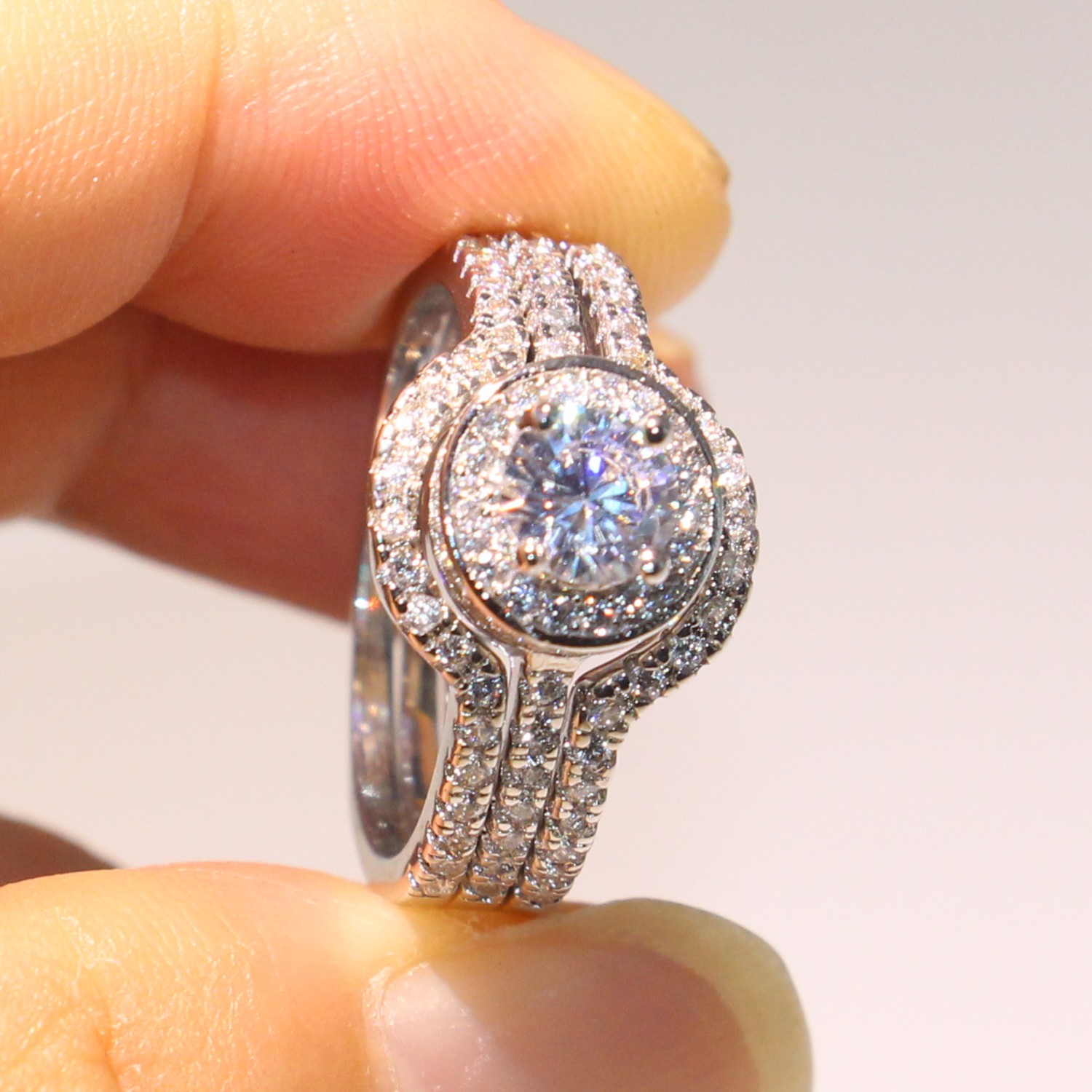 10KT White Gold Fill Topaz Pave CZ Dia 3pcs Wedding Band Ring for Women