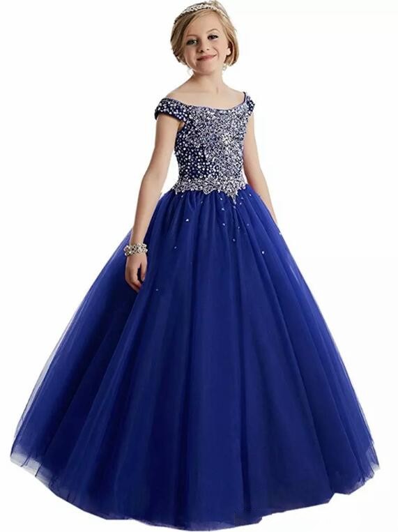 Crystals Beaded A Line Tulle Girls Pageant Dresses Off Shoulders Corset Back Floor Length Flower Girl Dress Pageant Gowns For Girls