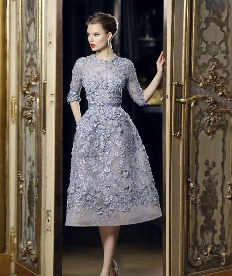 Elie Saab Short Prom Dresses Lace Knee Length Appliques Half Sleeves Evening Dress Formal Party Gowns