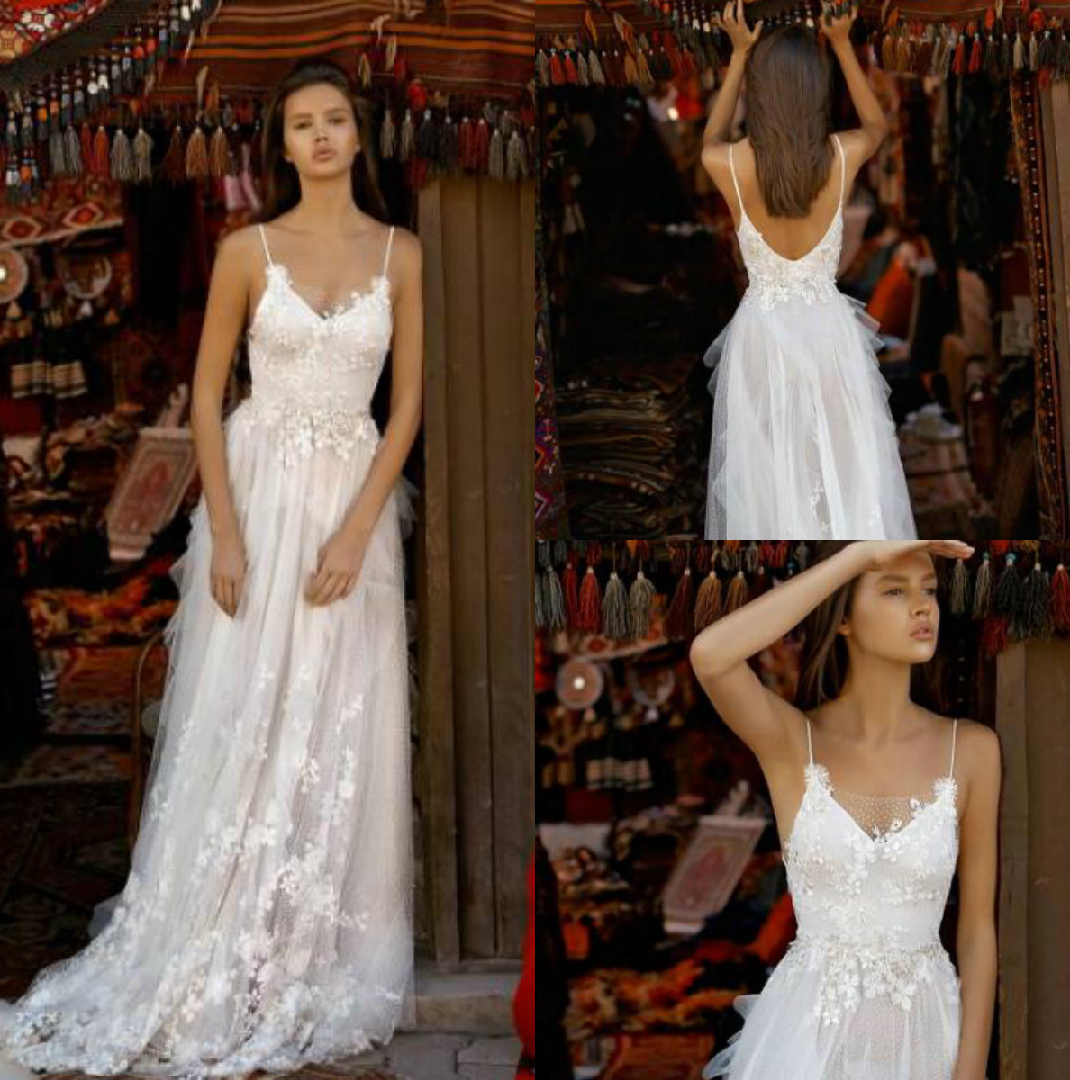 liz martinez dresses spaghetti lace boho bridal gowns with appliques sweep train backless beach wedding dress custom made