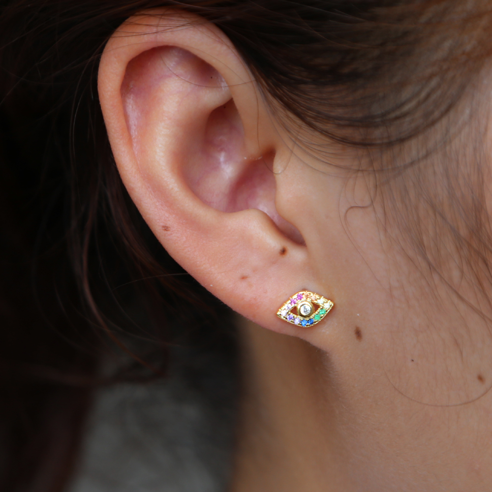 lucky evil eye charm Gold silver plated 925 sterling silver rainbow colorful cz paved bright silver eye stud earring