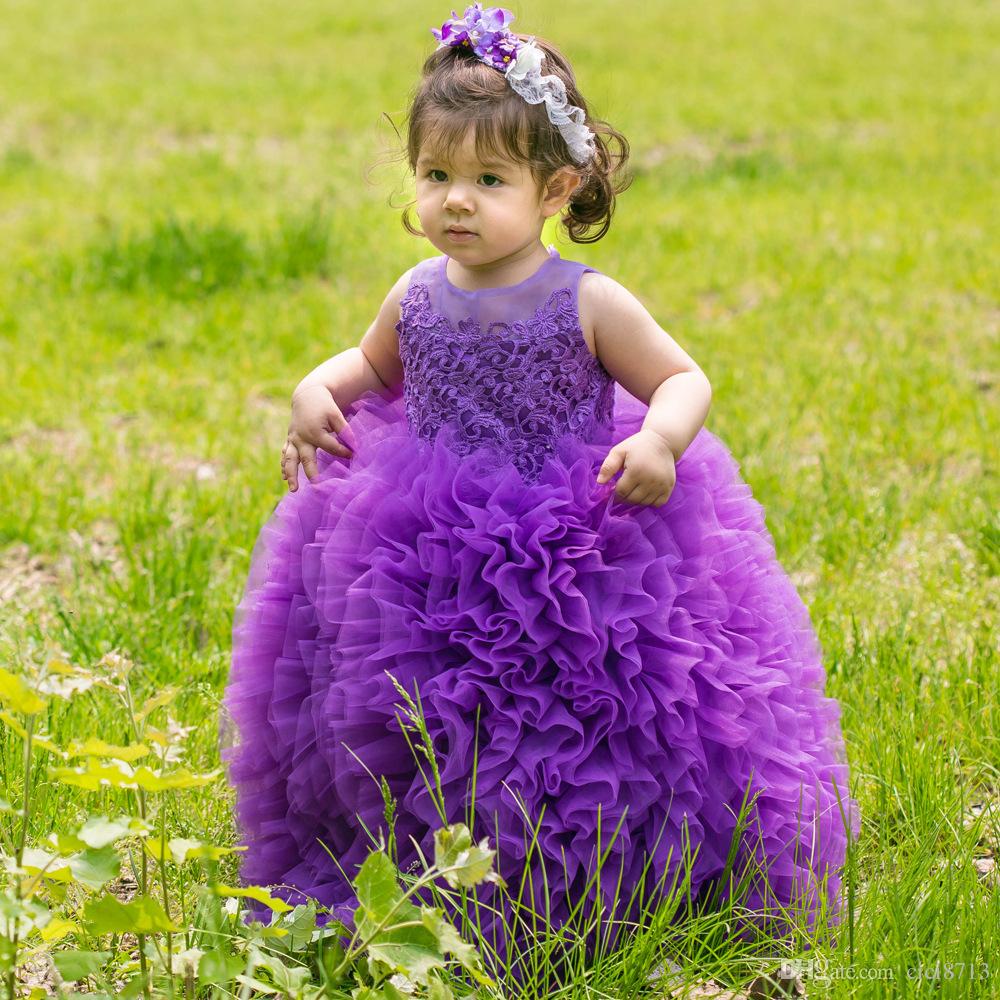 Princess Purple New Little Jewel Neck Tiered Tulle Toddler Glitz Pageant Dresses For Kids Girls Birthday Gowns