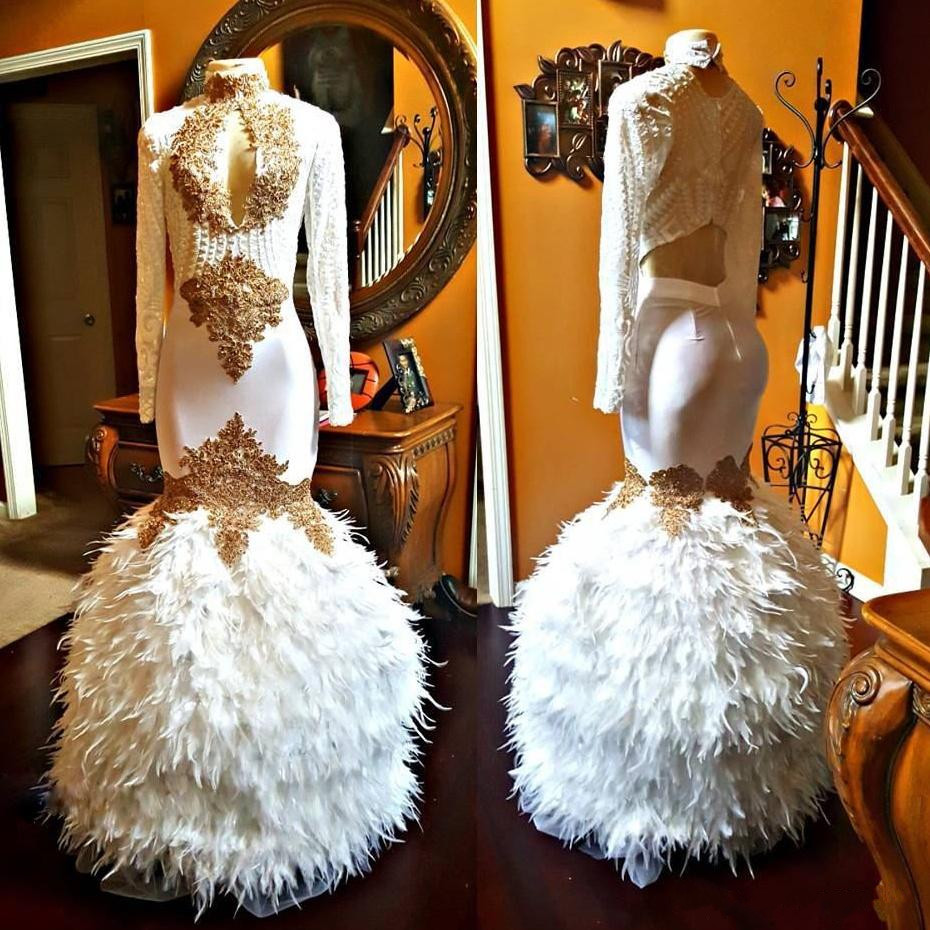 Gorgeous Feather Mermaid Prom Dresses Luxury Golden Applique High Neck Long Sleeve Party Dress Sexy 2k18 Black Girl Evening Gowns