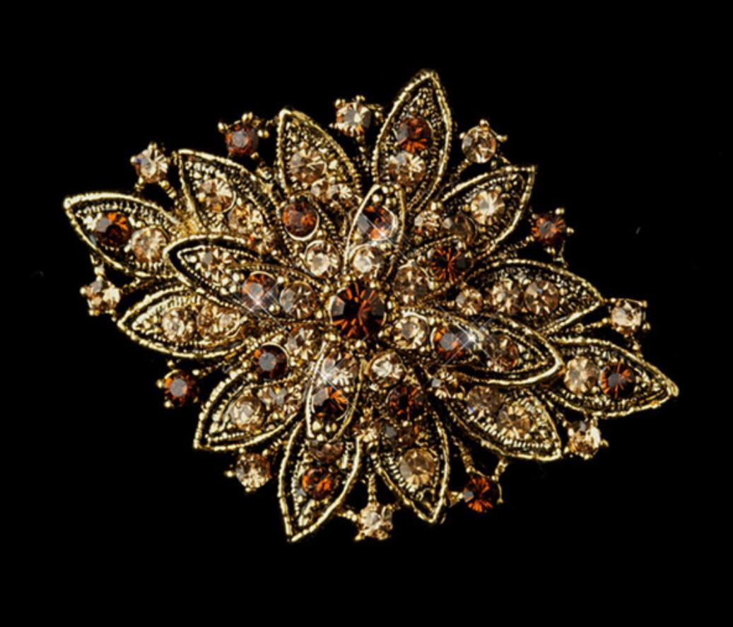 Vintage Look Antique Gold Plated Topaz Rhinestone Crystal Diamante Flower Bridal Brooch Pin Party Prom Gifts