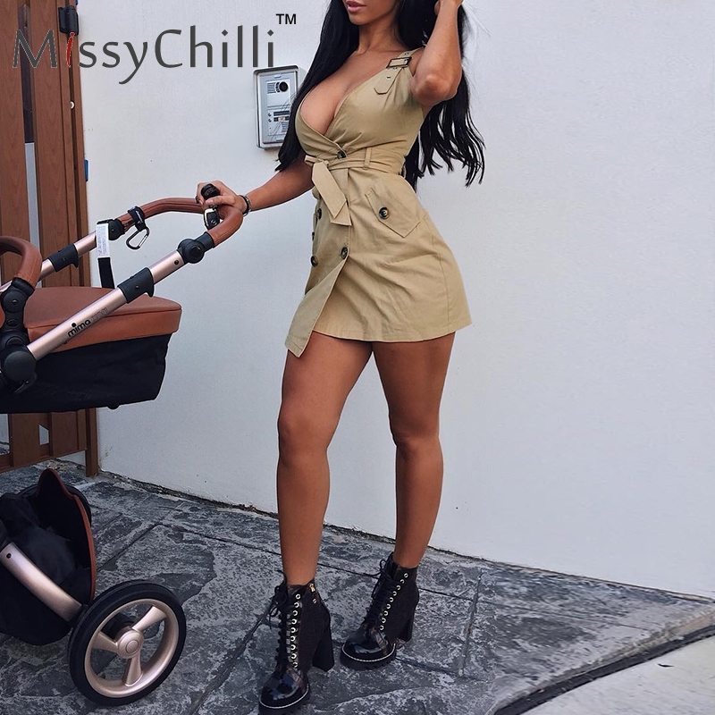 MissyChilli Khaki office lady button sexy dress Women fashion backless short party dress Elegant belt autumn mini bodycon