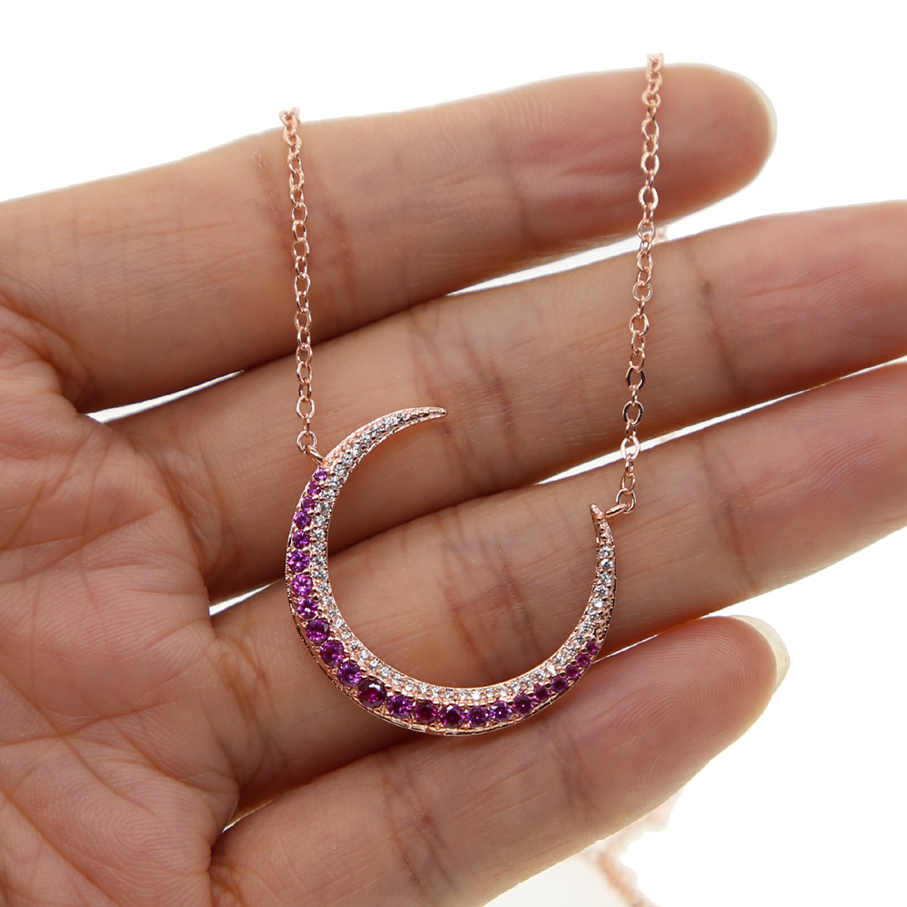 rose gold plated fashion chain red white cubic zirconia crescent moon Horn charm elegance Christmas gift CZ moon necklace