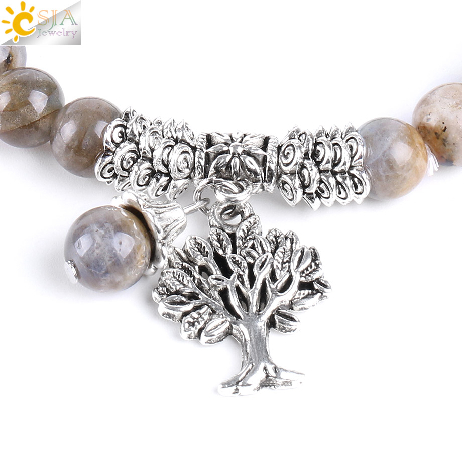 CSJA Natural Labradorite Spectrolite Women Bracelets Bangles Gemstone Mala Beads Tree of Life Charm Reiki Healing Meditation Jewel