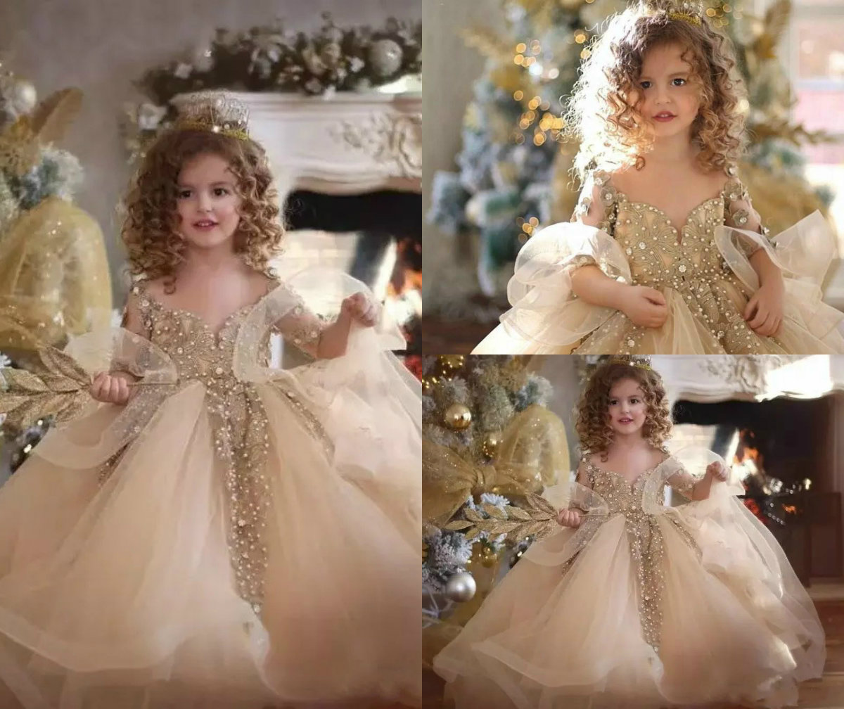 Cute Flower Girl Dress For Wedding Lace Off The Shoulder Ball Gown Birthday Party Girls Pageant Dresses Applqiue Pearls Kids Ball Gowns