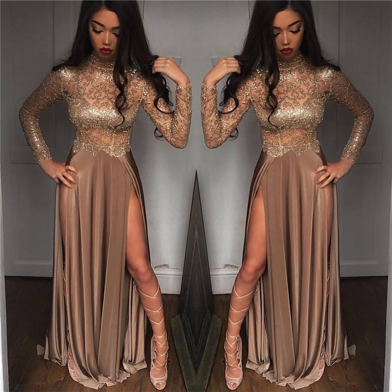 2k18 New Black Girls Sparkling Sequined Sheer Long Sleeves Prom Dresses High Neck Split Formal Party Evening Gowns