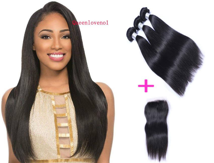 Brazilian Straight Hair Bundles with Closure Free Middle 3 Part Double Weft Human Hair Extensions Dyeable Human Hair Weave FEDEX Shipping