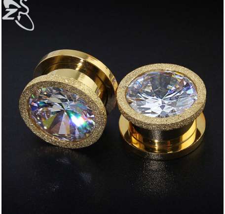 Rose Gold Stainless Steel Screw Ear Tunnel Plug Big White Cubic Zircon Ear Gauges Plugs Tunnels Expander Body Piercing Jewelry